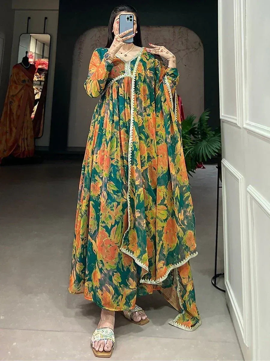 Floral print ethnic gown with white trim, perfect for Indian occasions and festive wear