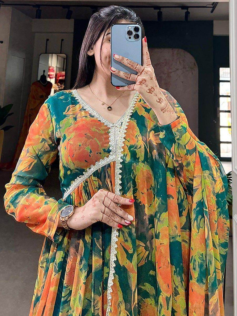 Enchanting Green Floral Printed Georgette Festival Wear Gown
