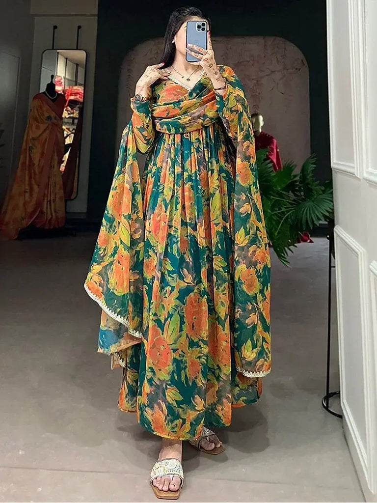 Enchanting Green Floral Printed Georgette Festival Wear Gown
