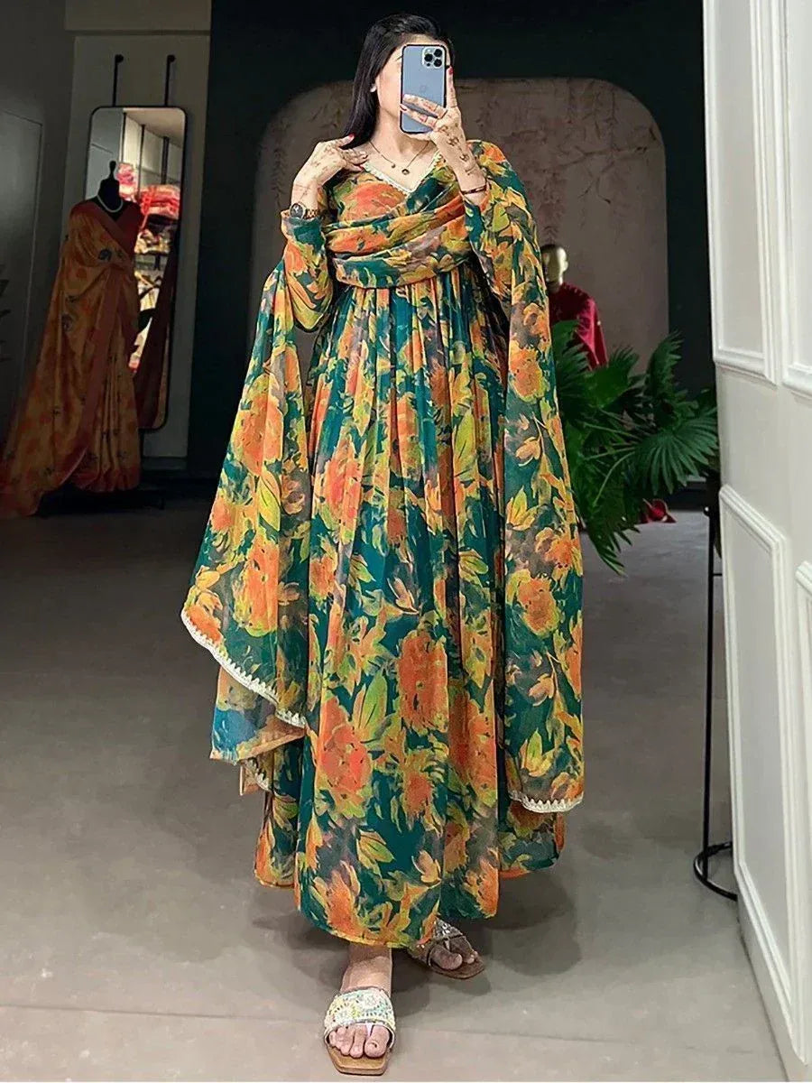 Floral print ethnic gown with cape sleeves, perfect for Indian occasions and festive wear