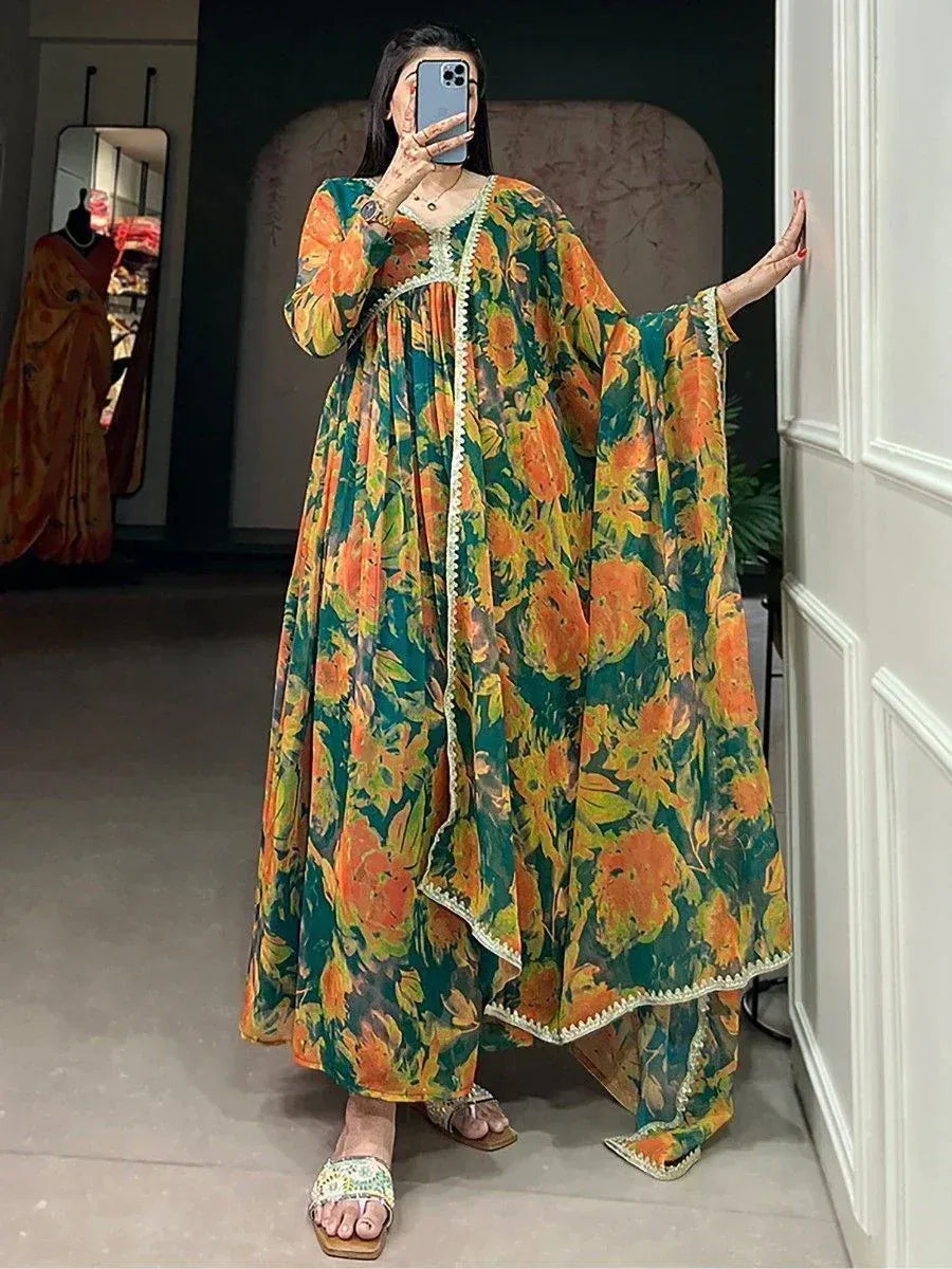 Floral print ethnic gown with cape sleeves, perfect for Indian occasions and festive wear.