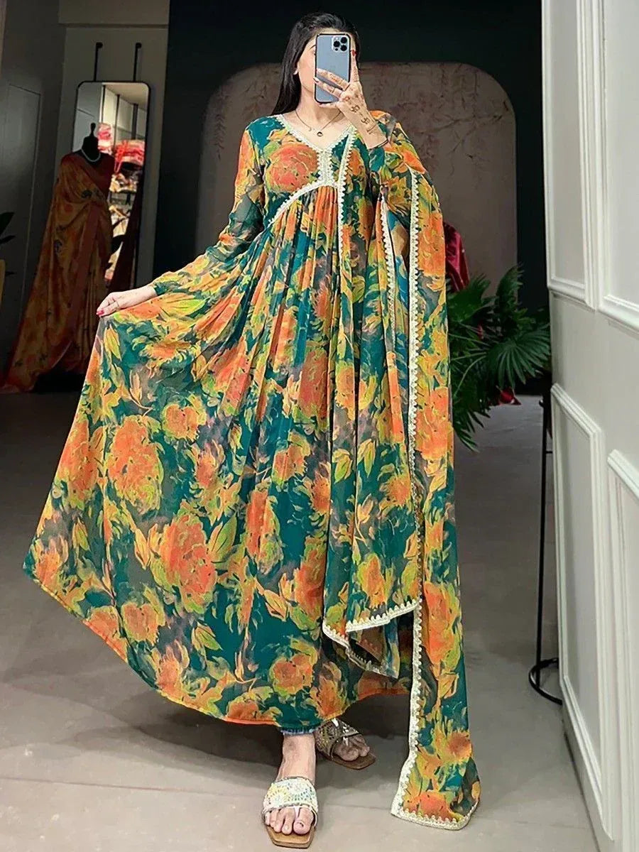 Floral print ethnic gown with lace trim, perfect for Indian occasions and festive wear