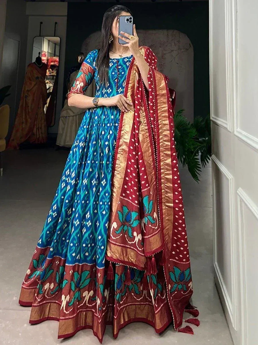 Blue and red printed ethnic anarkali gown with matching dupatta, perfect for Indian festive occasions