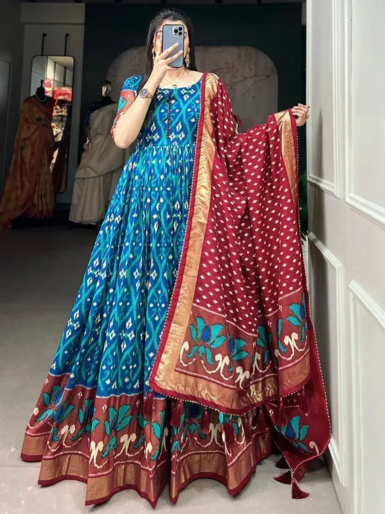 Stunning Blue Patola Printed Silk Tradtion Gown With Dupatta