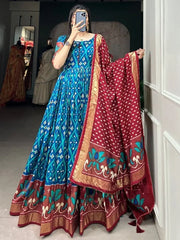 Stunning Blue Patola Printed Silk Tradtion Gown With Dupatta