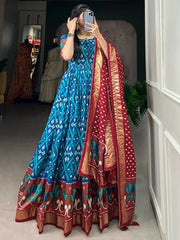 Stunning Blue Patola Printed Silk Tradtion Gown With Dupatta