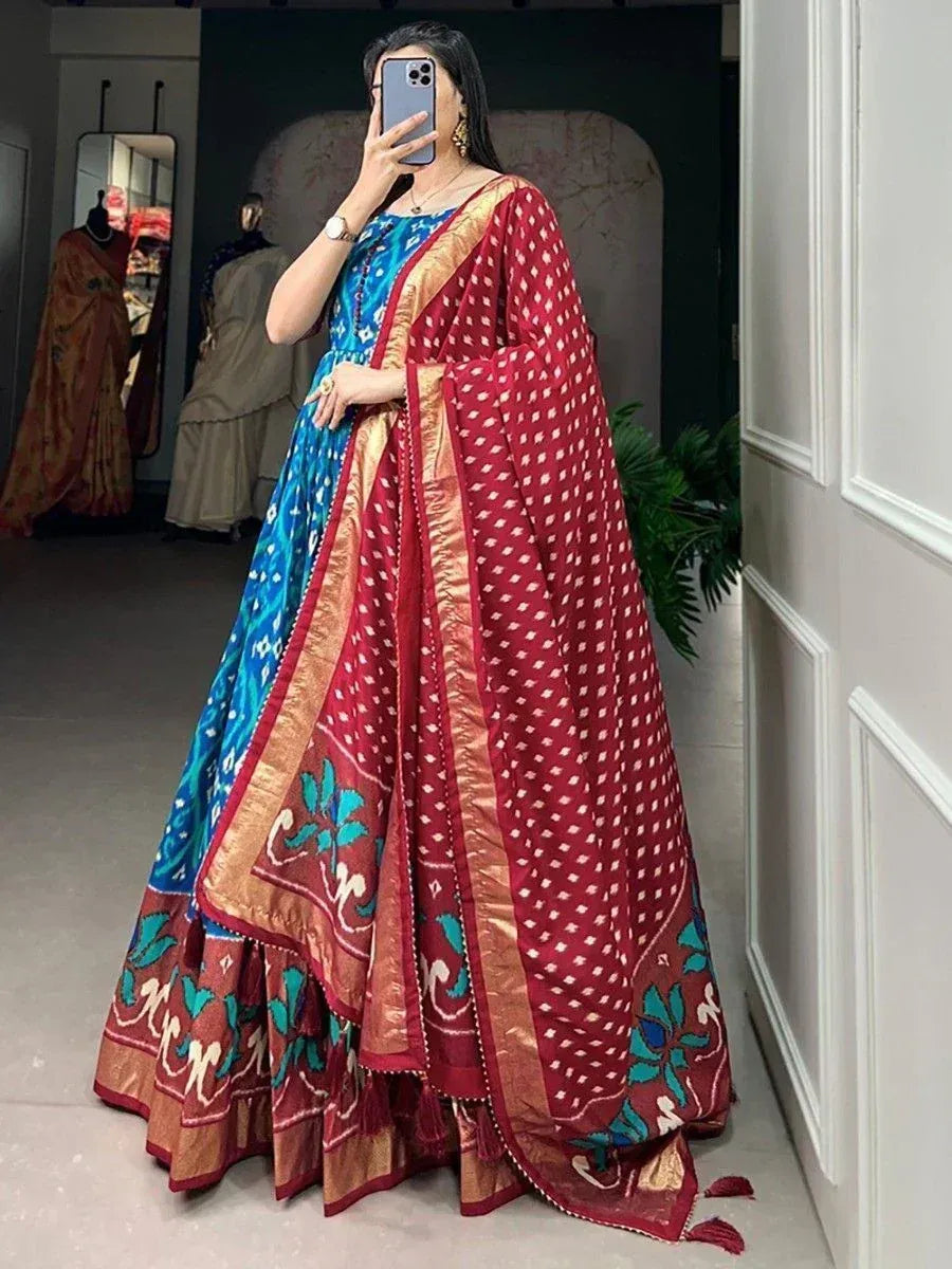 Blue and red printed lehenga choli with gold border, ethnic Indian wear for women