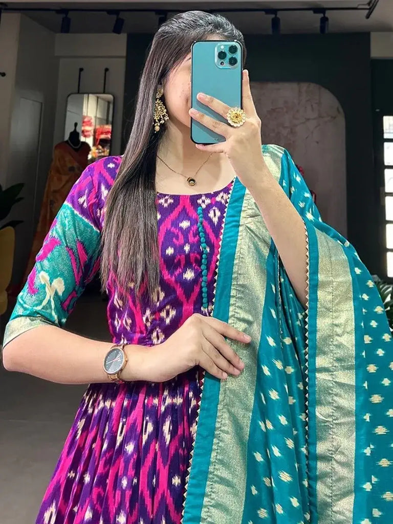 Gorgeous Purple Patola Printed Silk Function Wear Gown With Dupatta