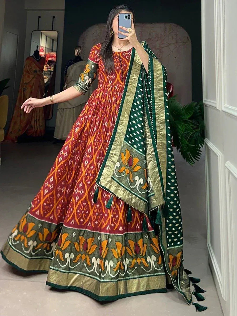 Red and green printed ethnic anarkali with matching dupatta, perfect for Indian occasions