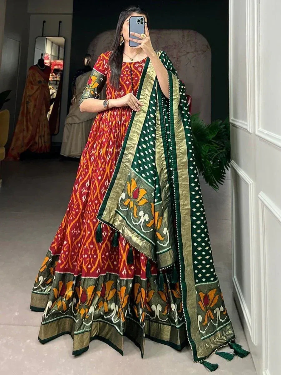 Red and green printed ethnic anarkali with dupatta, perfect for Indian weddings and festivals