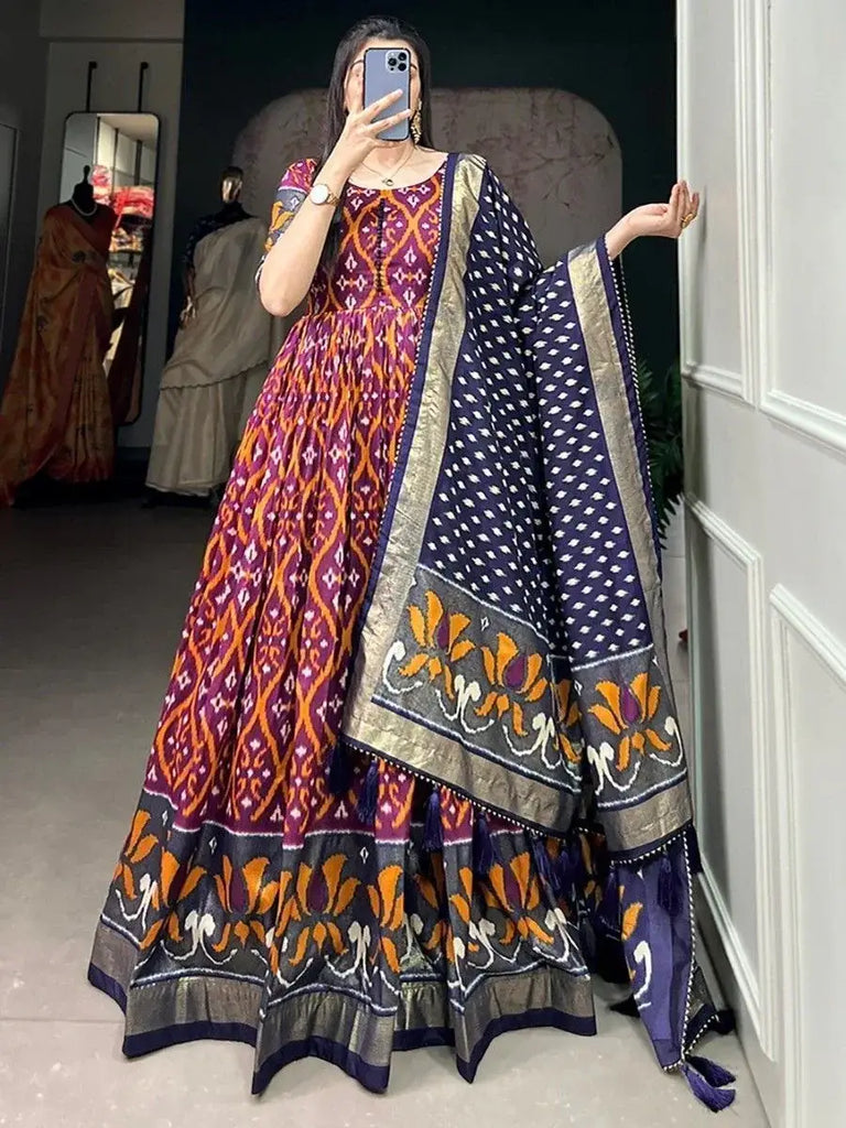Incredible Wine Patola Printed Silk Event Wear Gown With Dupatta