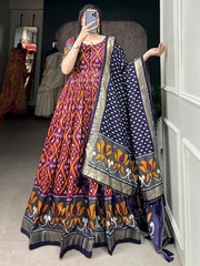 Incredible Wine Patola Printed Silk Event Wear Gown With Dupatta