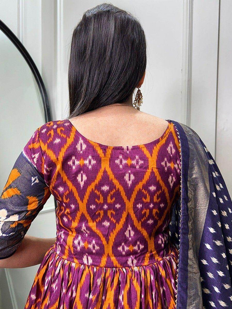 Incredible Wine Patola Printed Silk Event Wear Gown With Dupatta