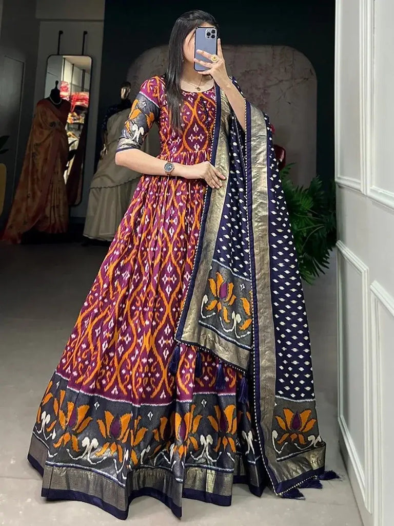 Incredible Wine Patola Printed Silk Event Wear Gown With Dupatta