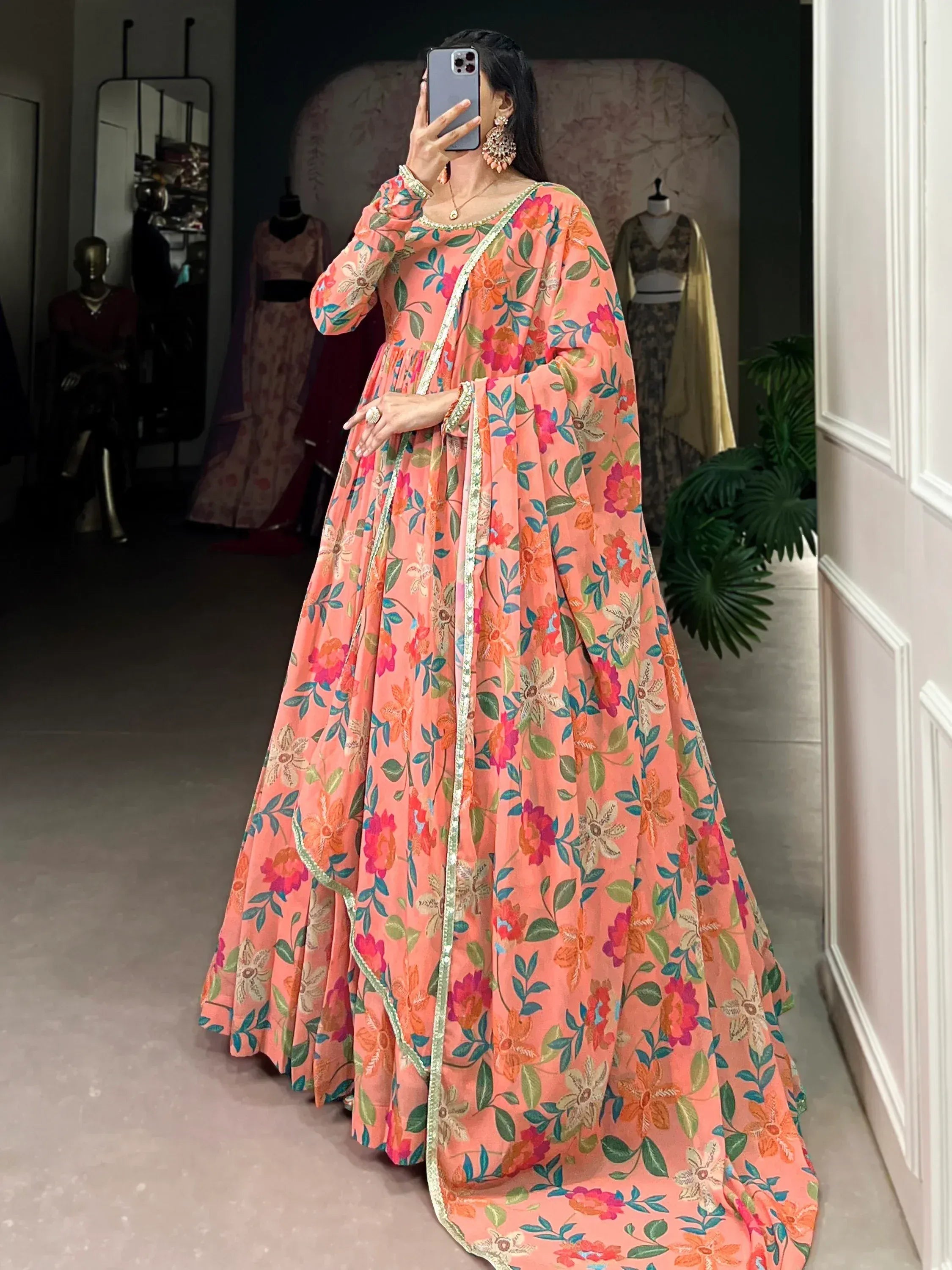Floral print peach anarkali suit with gold trim, Indian ethnic wear for women