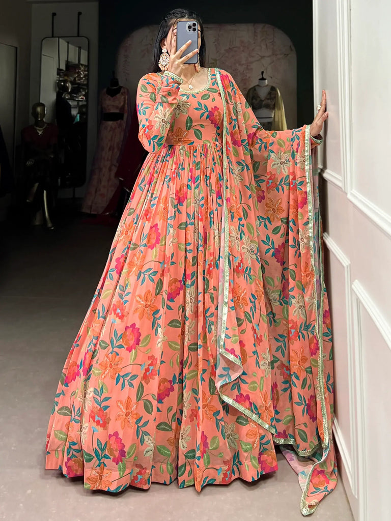 Gorgeous Peach Floral Printed Georgette Festival Wear Gown