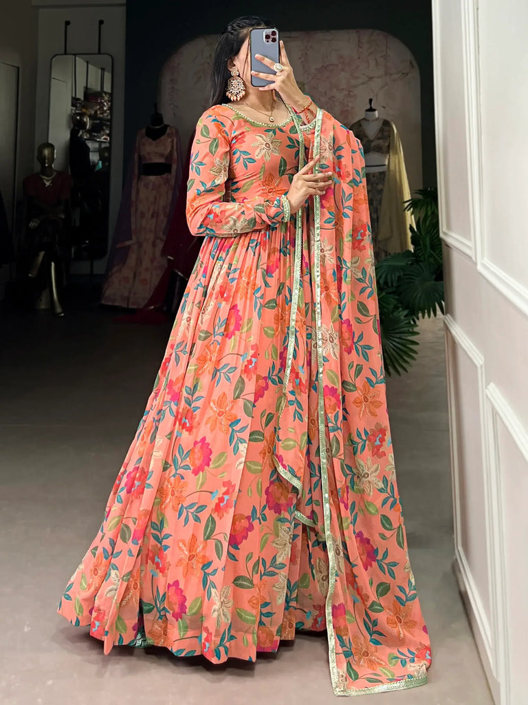 Gorgeous Peach Floral Printed Georgette Festival Wear Gown