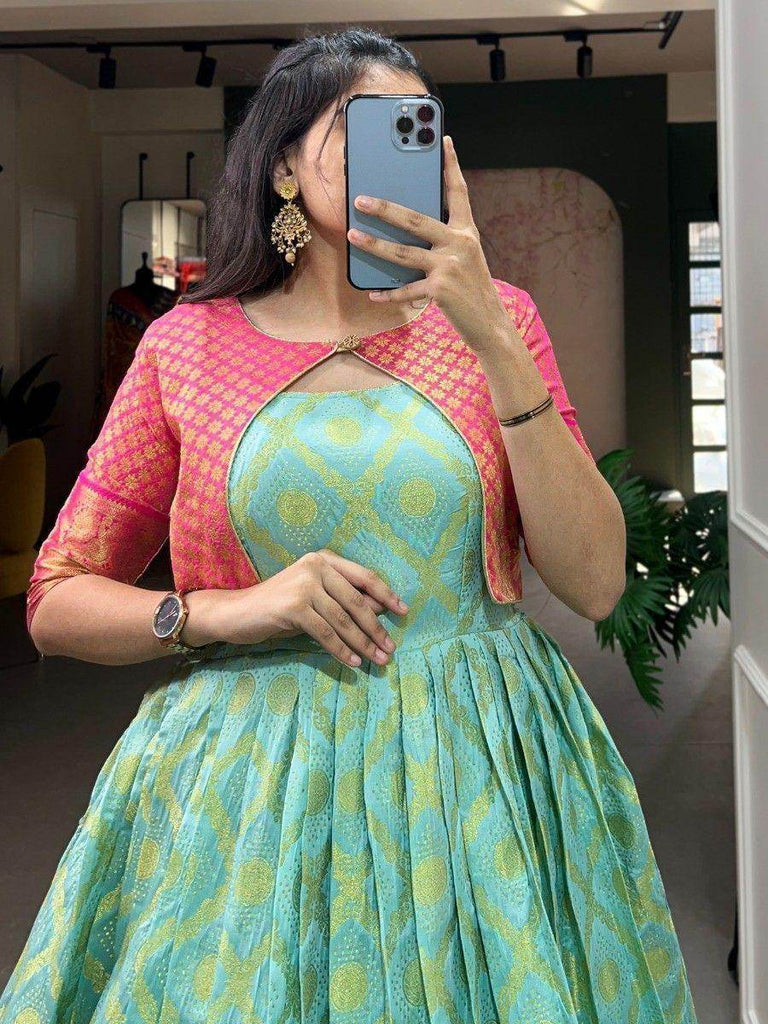 Awesome Turquoise Zari Woven Jacquard Silk Traditional Gown