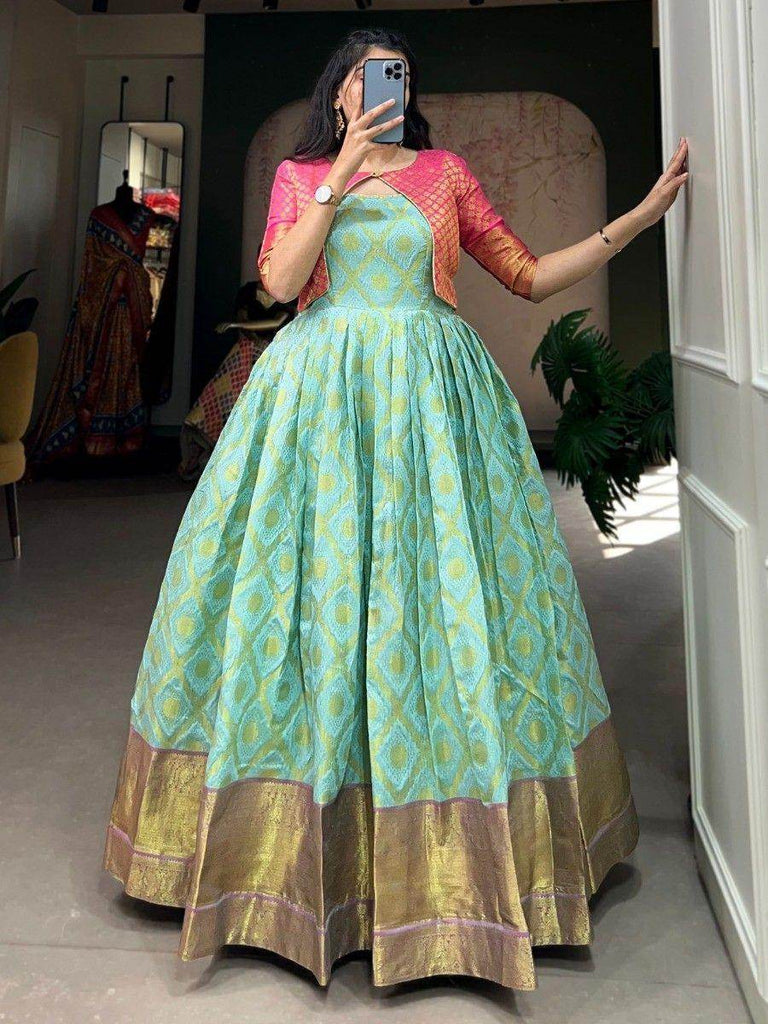 Awesome Turquoise Zari Woven Jacquard Silk Traditional Gown