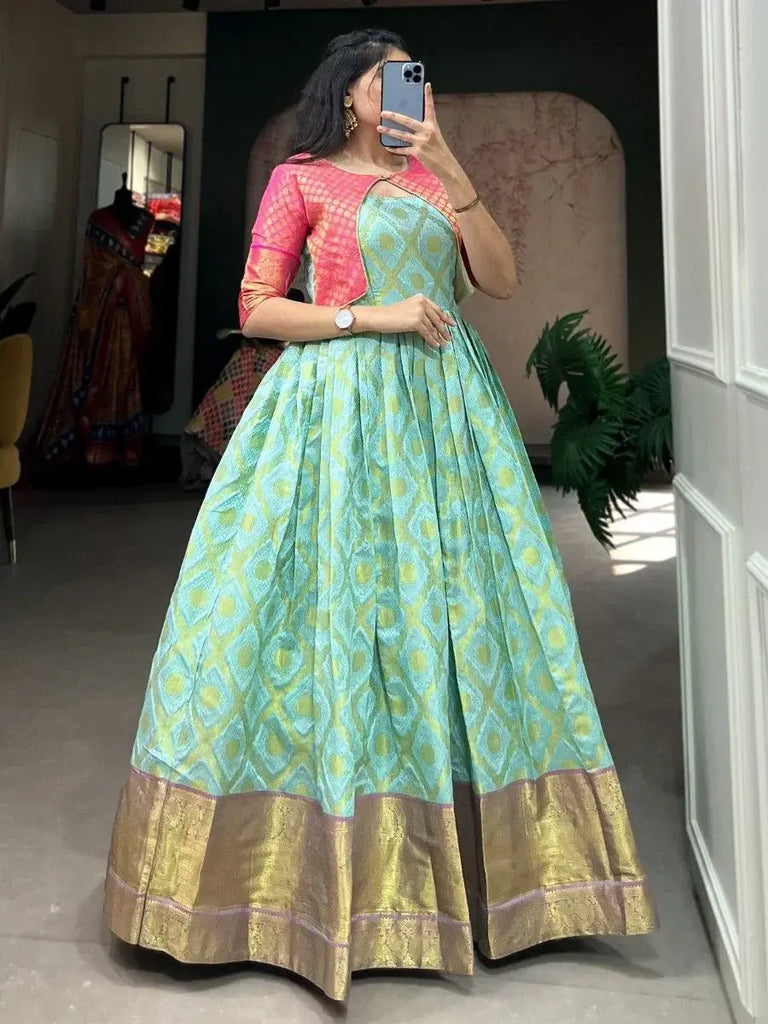Awesome Turquoise Zari Woven Jacquard Silk Traditional Gown
