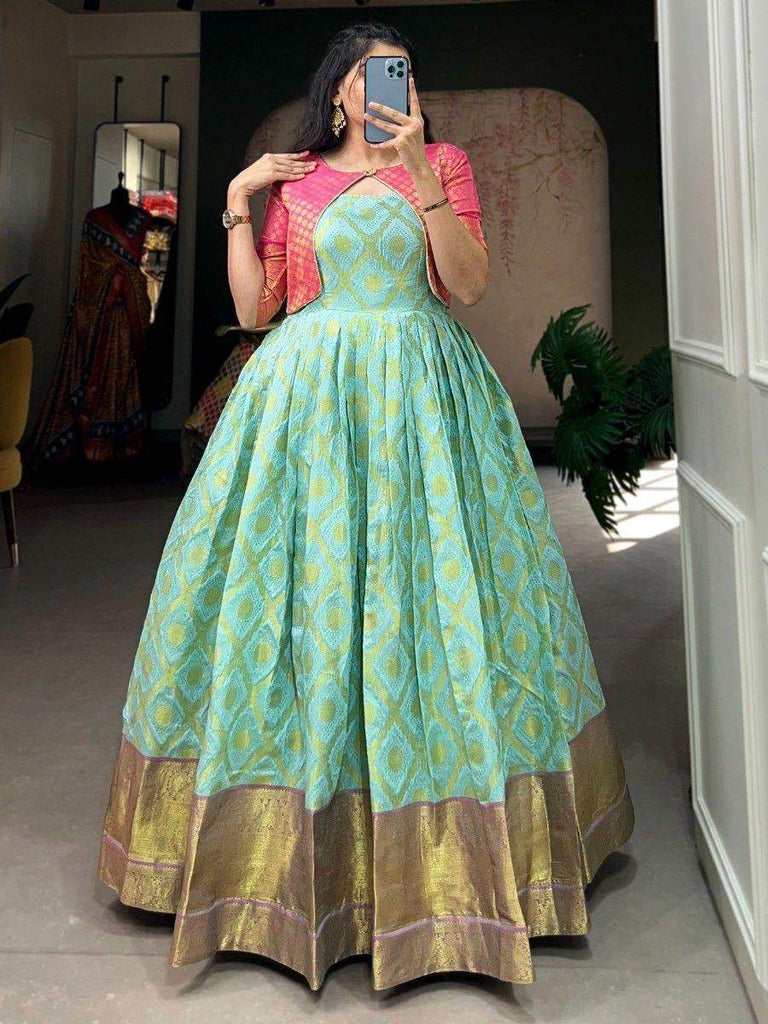 Awesome Turquoise Zari Woven Jacquard Silk Traditional Gown