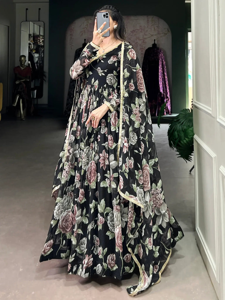 Gorgeous Black Floral Printed Georgette Traditional Gown