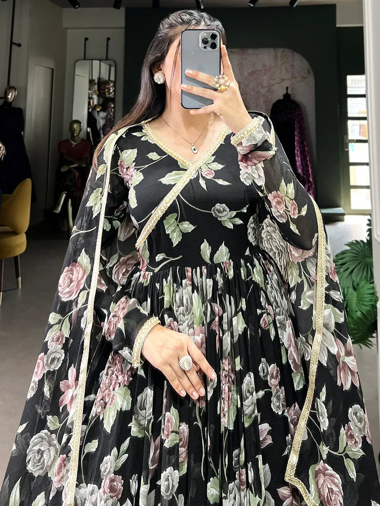 Gorgeous Black Floral Printed Georgette Traditional Gown