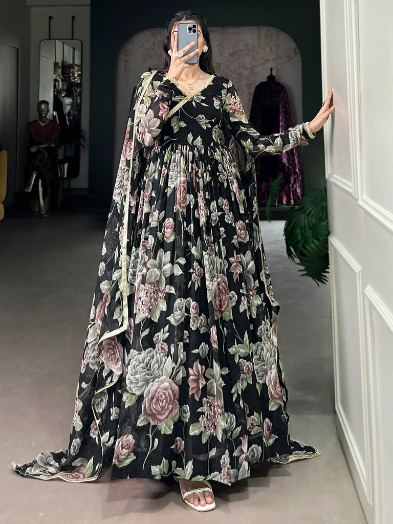 Gorgeous Black Floral Printed Georgette Traditional Gown
