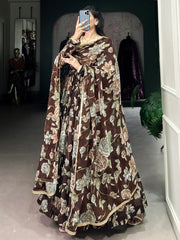 Attractive Brown Floral Printed Georgette Event Wear Gown