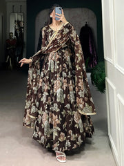 Attractive Brown Floral Printed Georgette Event Wear Gown