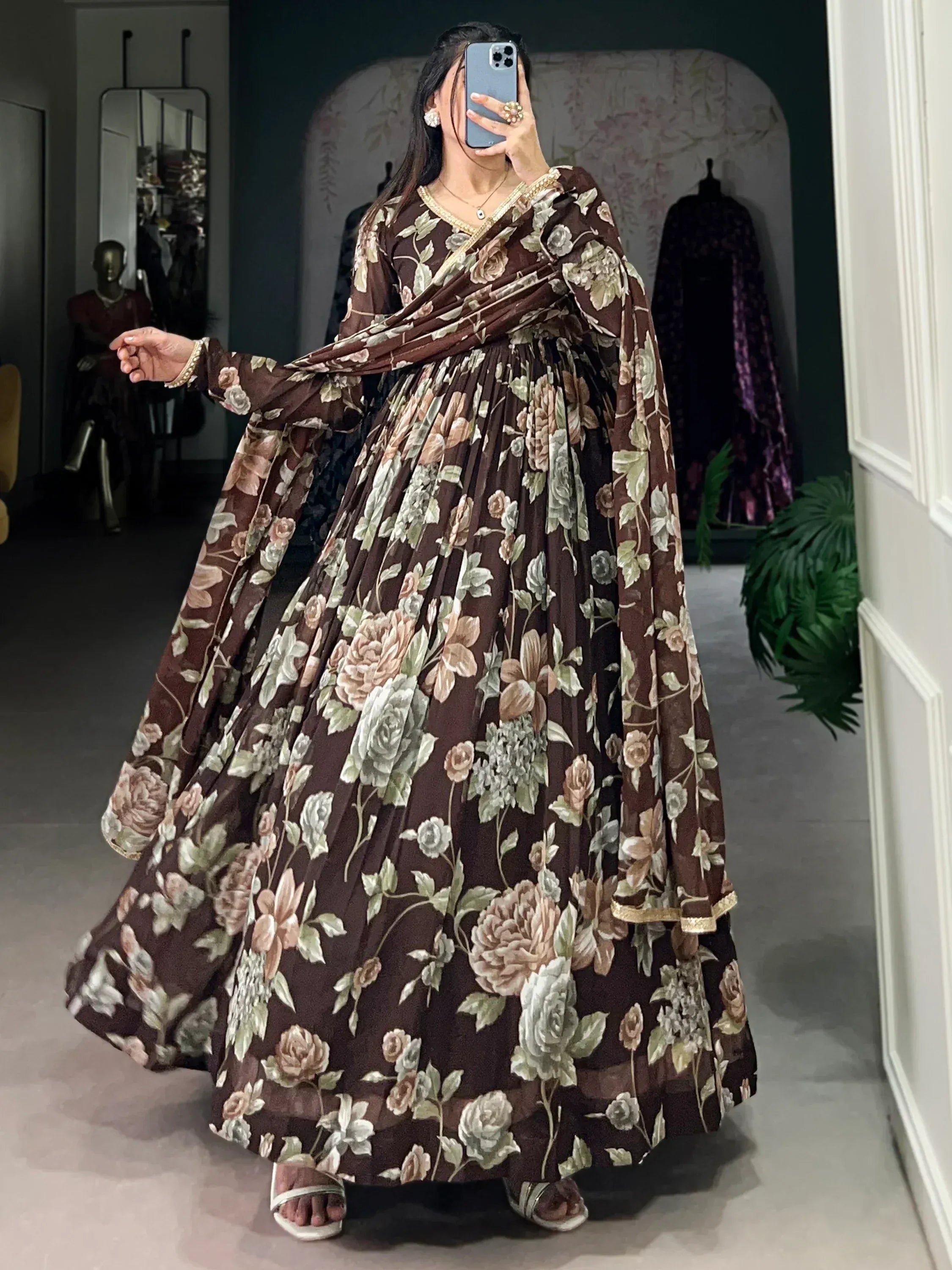 Brown floral print anarkali suit with gold trim, ethnic Indian wear for women