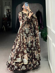 Attractive Brown Floral Printed Georgette Event Wear Gown