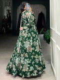 Adorable Green Floral Printed Georgette Evening Wear Gown