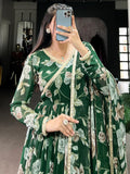 Adorable Green Floral Printed Georgette Evening Wear Gown