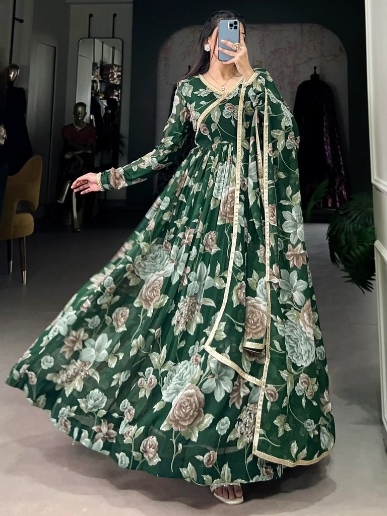 Adorable Green Floral Printed Georgette Evening Wear Gown