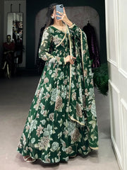 Adorable Green Floral Printed Georgette Evening Wear Gown