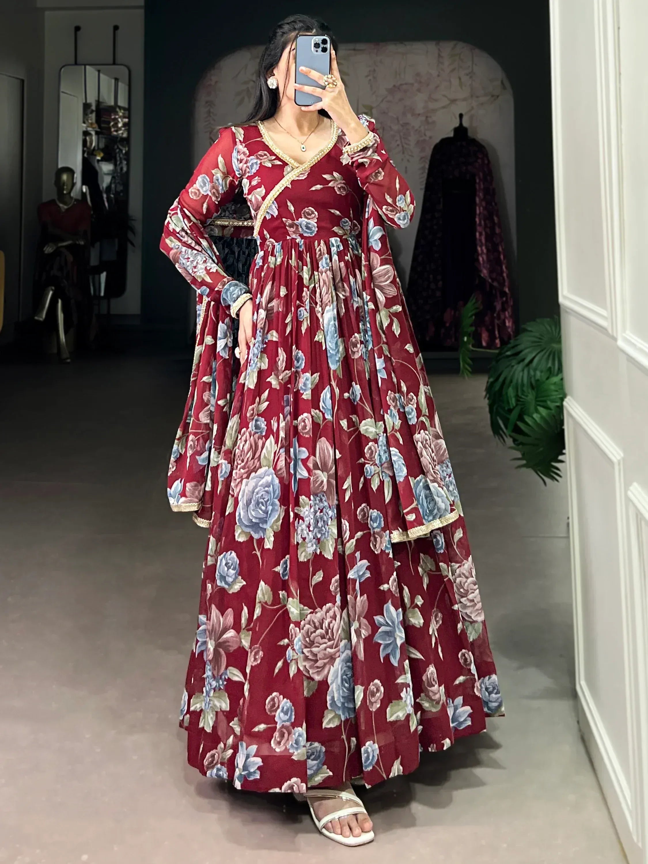Maroon floral anarkali gown with gold trim, Indian ethnic wear for women