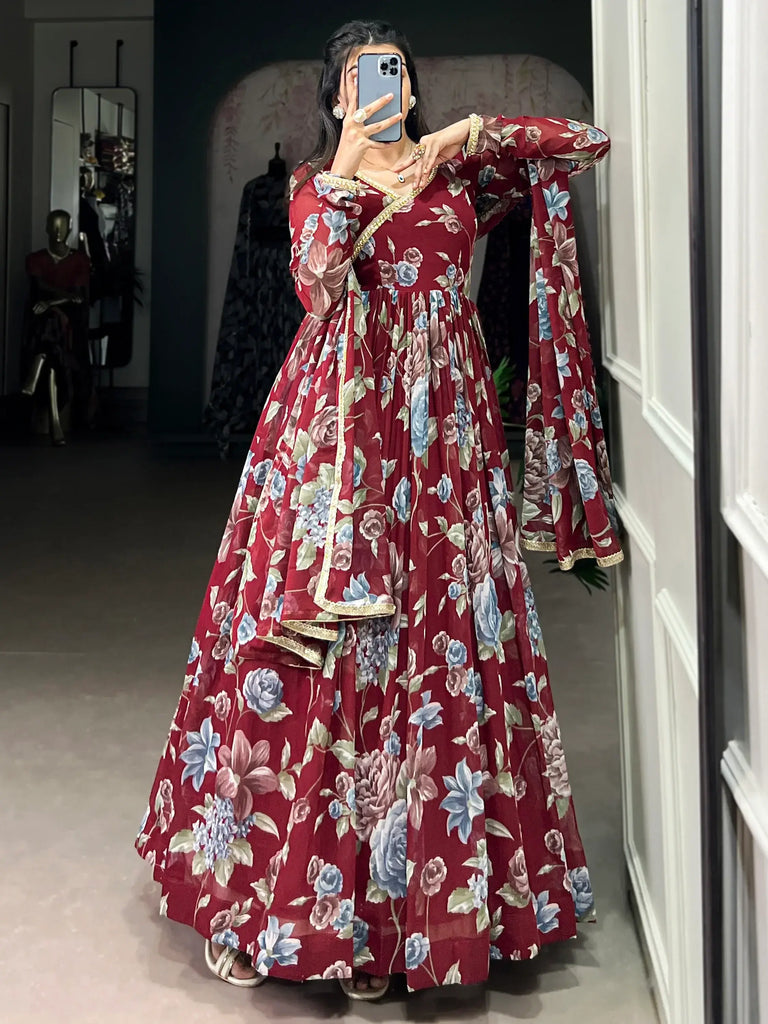 Stunning Maroon Floral Printed Georgette Festival Wear Gown