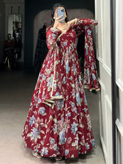 Stunning Maroon Floral Printed Georgette Festival Wear Gown