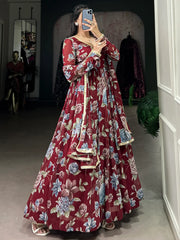 Stunning Maroon Floral Printed Georgette Festival Wear Gown