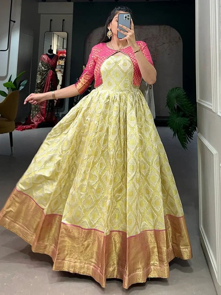 Astonishing Cream Zari Weaving Jacquard Silk Festival Wear Gown