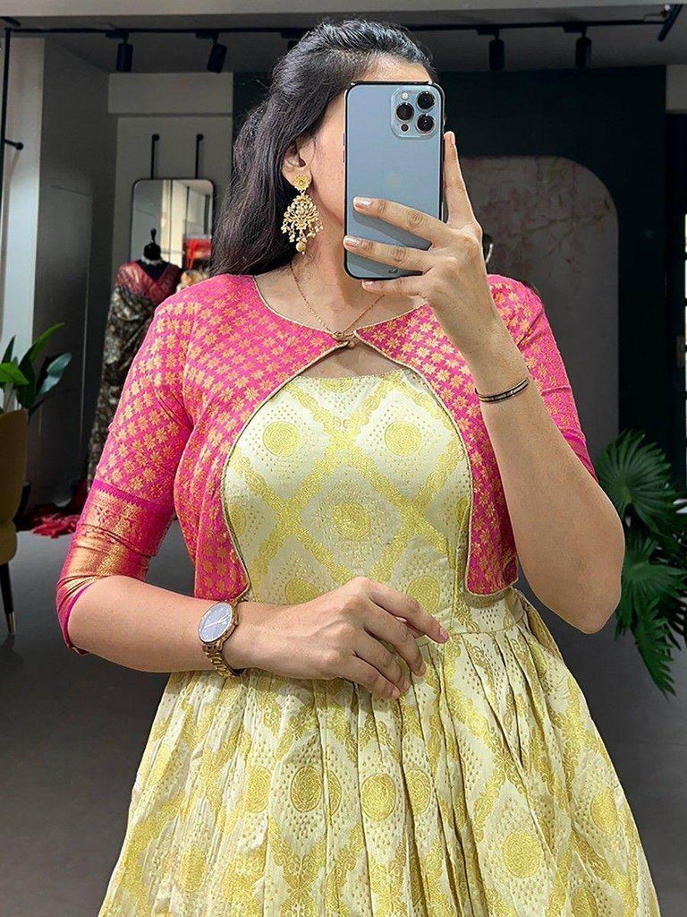 Astonishing Cream Zari Weaving Jacquard Silk Festival Wear Gown
