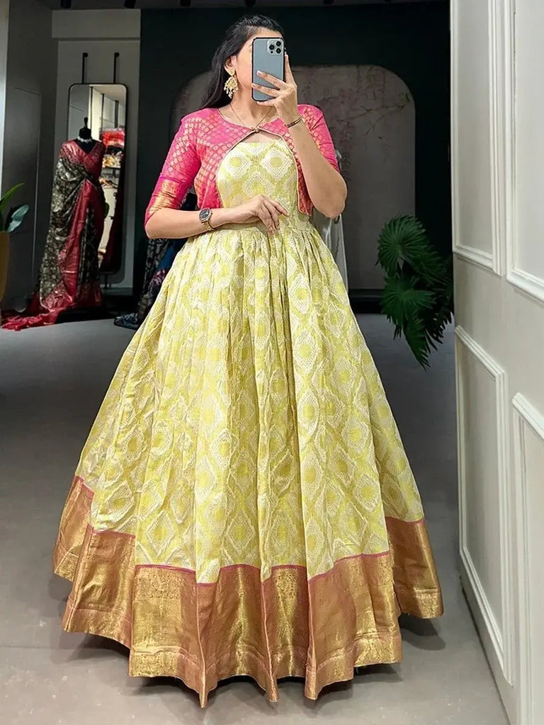 Astonishing Cream Zari Weaving Jacquard Silk Festival Wear Gown