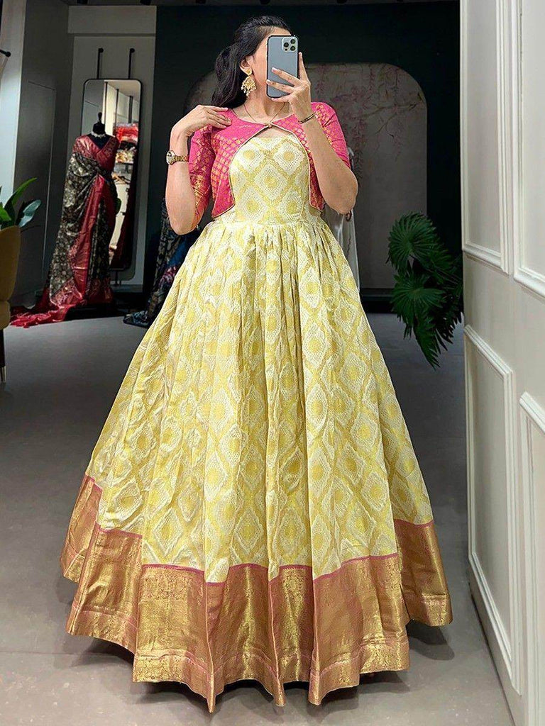 Astonishing Cream Zari Weaving Jacquard Silk Festival Wear Gown