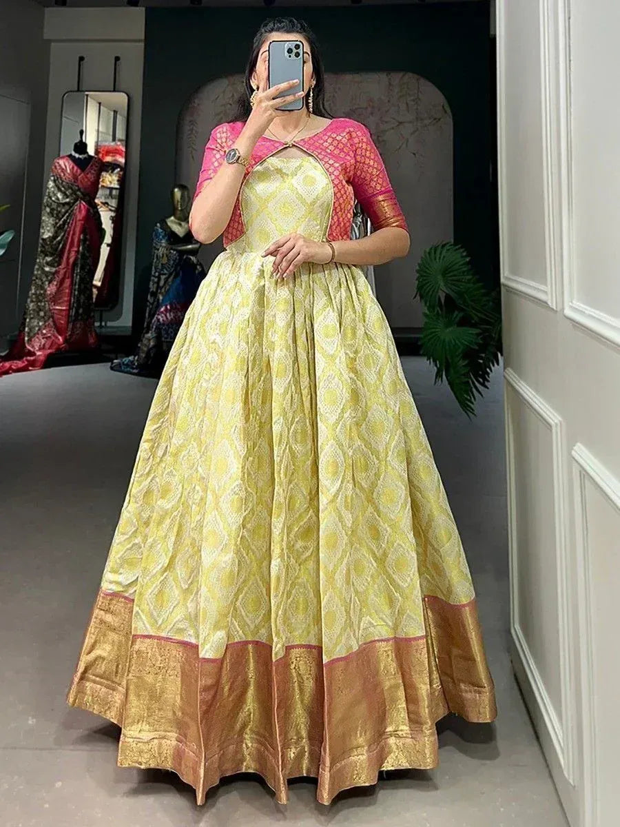 Yellow printed lehenga with pink blouse, ethnic Indian wear for women, designer festive outfit