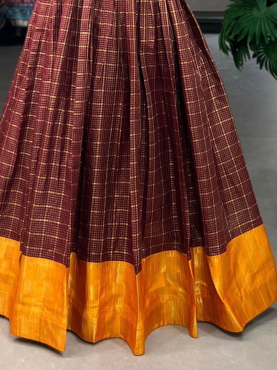 Brown and gold checked ethnic lehenga with wide golden border