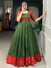 Charming Green Zari Weaving Cotton Festival Wear Gown With Koti