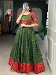 Charming Green Zari Weaving Cotton Festival Wear Gown With Koti