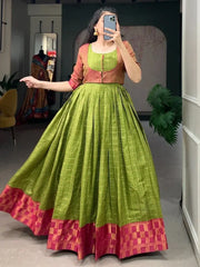 Precious Light Green Zari Weaving Cotton Traditional Gown With Koti