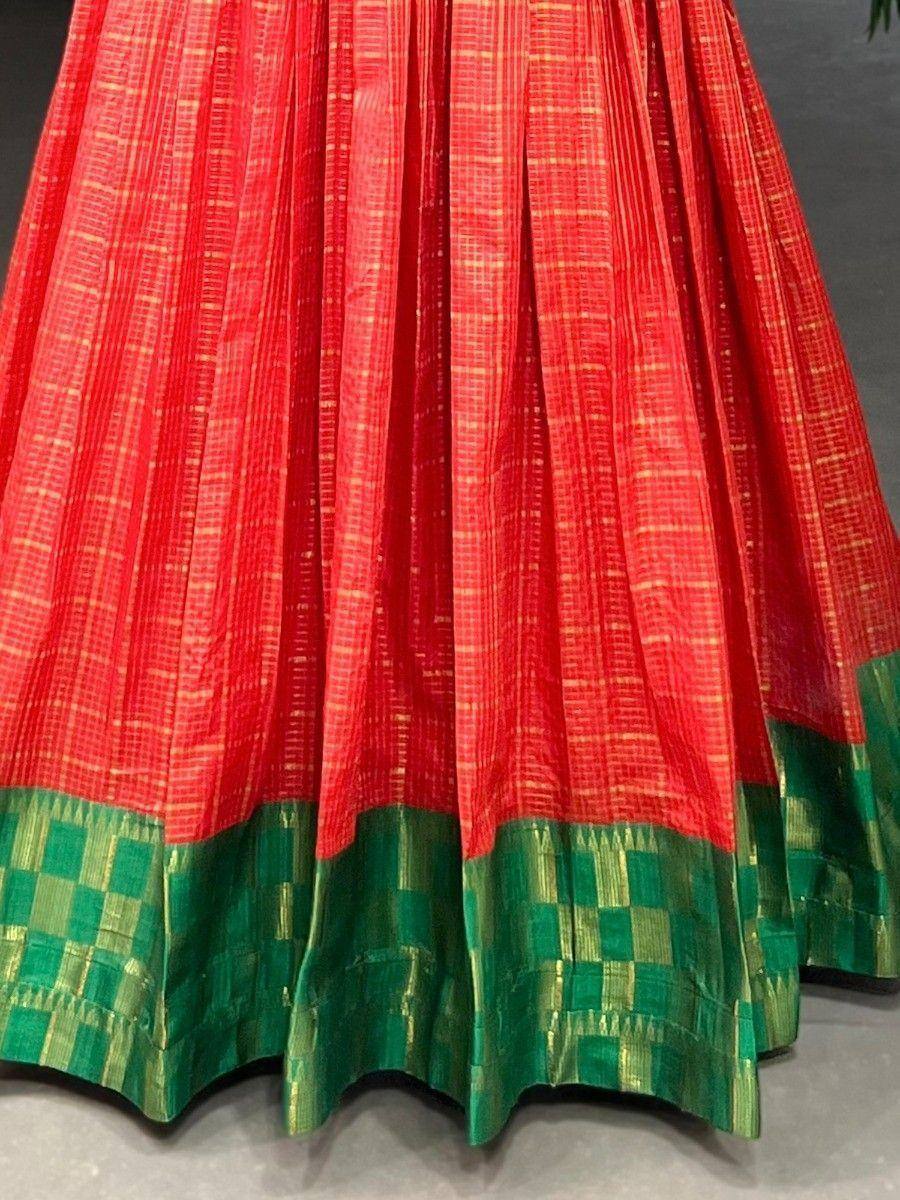 Red and green pleated lehenga skirt with woven checkered border, Indian ethnic wear